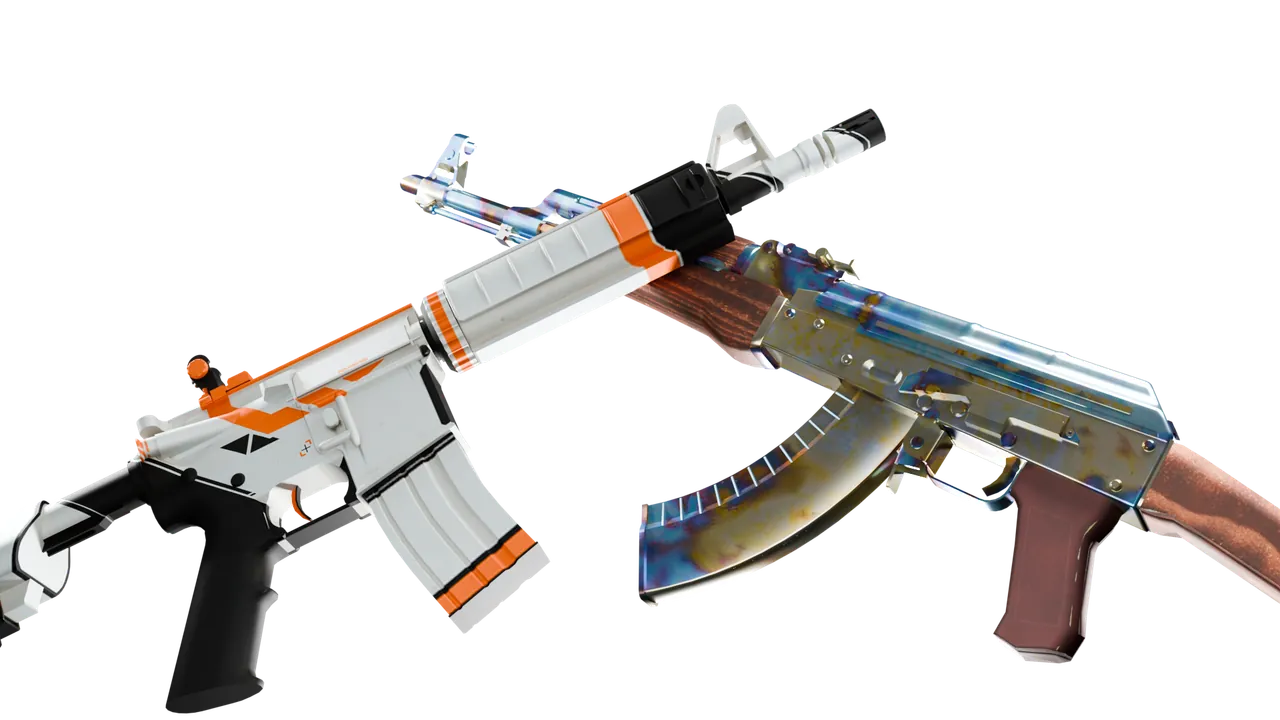 An M4A4 Asiimov and an AK-47 Case Hardened crossed over each other, rendered in 3D